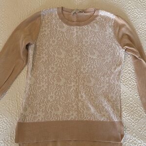LOFT Lace Front Sweater - Cream and Tan